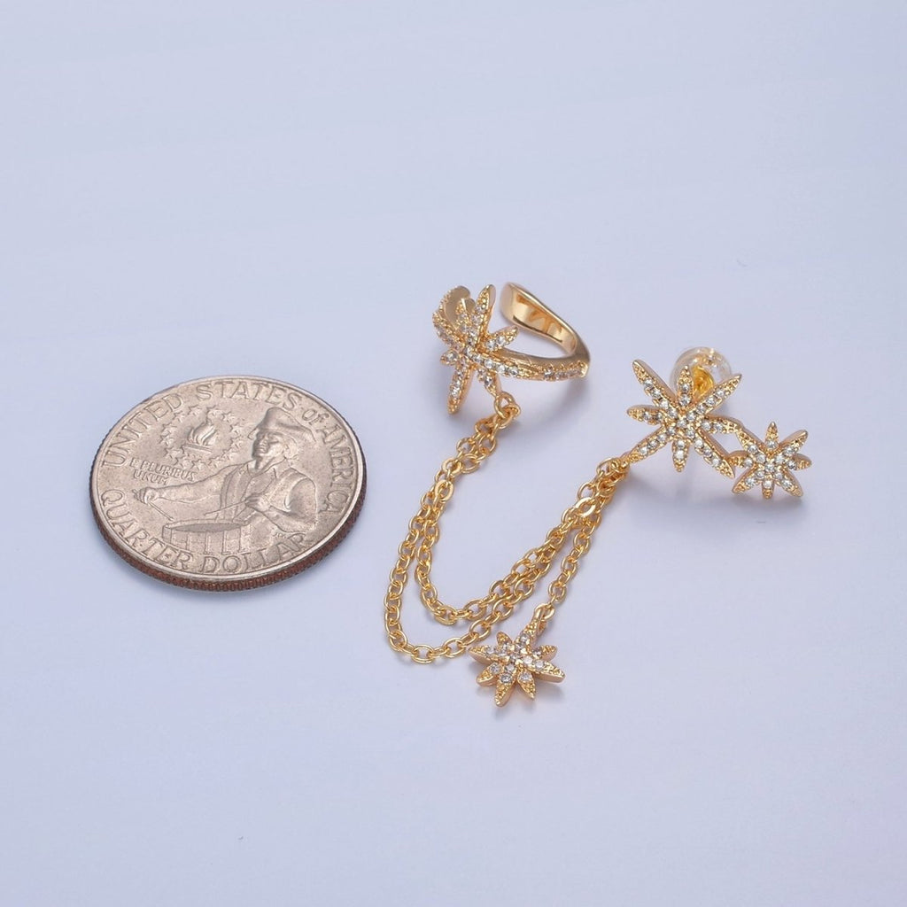 1 pair Gold plated Statement North Star Stud Earring with Ear Cuff Star For Celestial Jewelry T-471 - DLUXCA