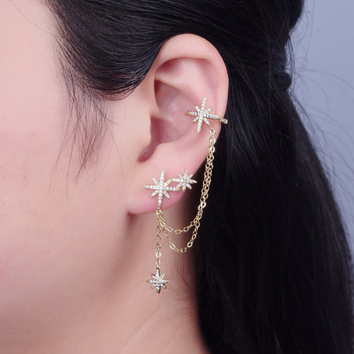 1 pair Gold plated Statement North Star Stud Earring with Ear Cuff Star For Celestial Jewelry T-471 - DLUXCA