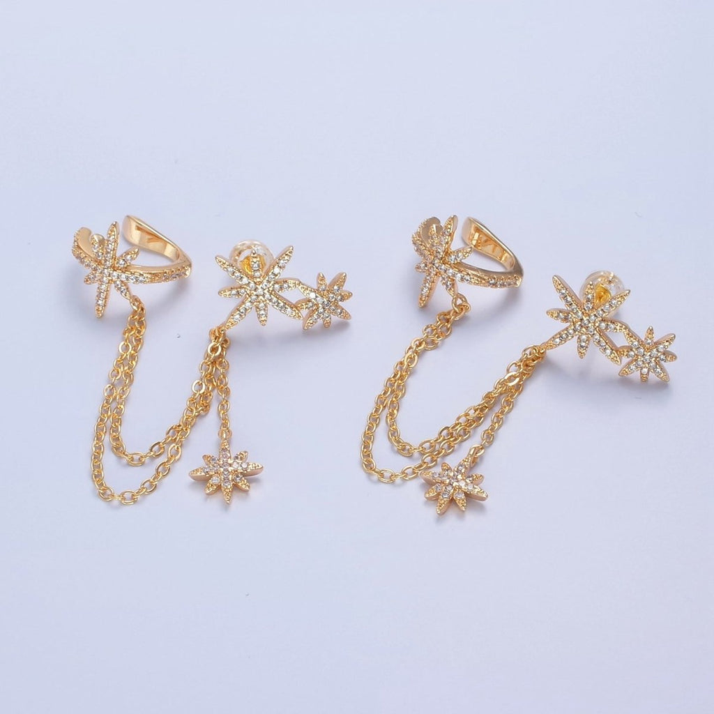 1 pair Gold plated Statement North Star Stud Earring with Ear Cuff Star For Celestial Jewelry T-471 - DLUXCA