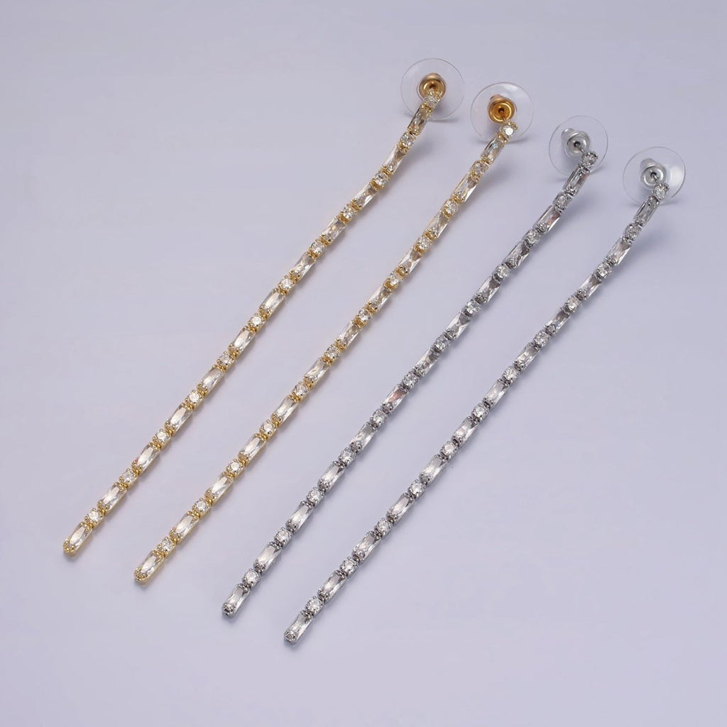 115mm Clear CZ Round Baguette Linear Drop Stud Earrings in Gold & Silver | AE283 AE284