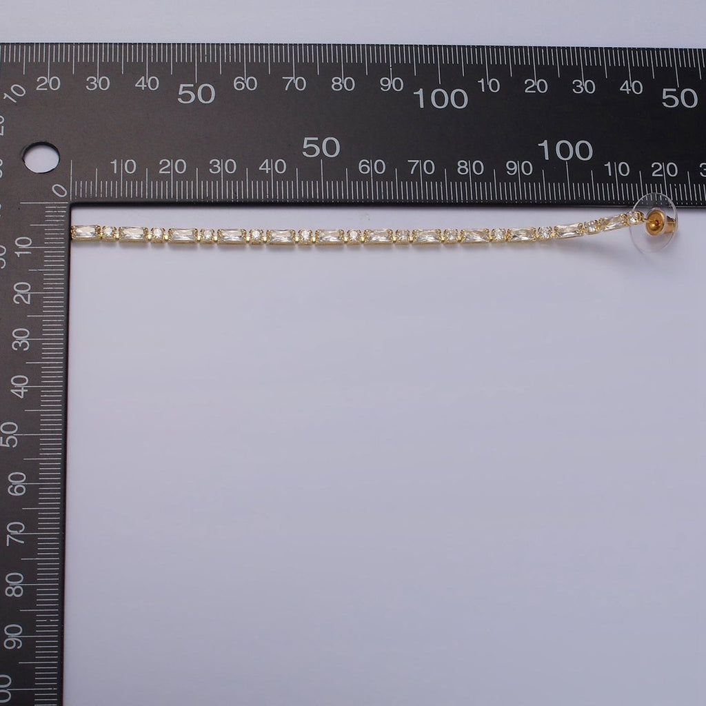 115mm Clear CZ Round Baguette Linear Drop Stud Earrings in Gold & Silver | AE283 AE284