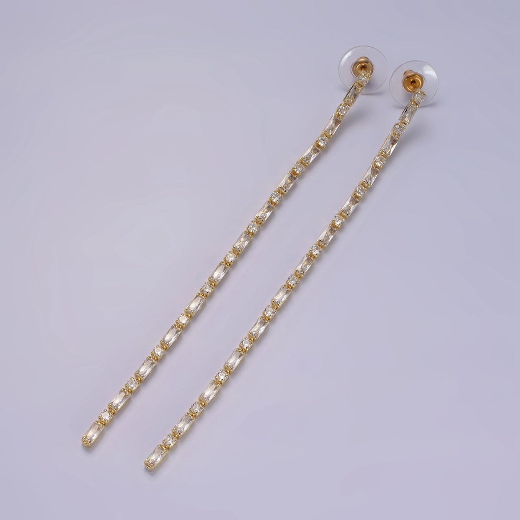 115mm Clear CZ Round Baguette Linear Drop Stud Earrings in Gold & Silver | AE283 AE284