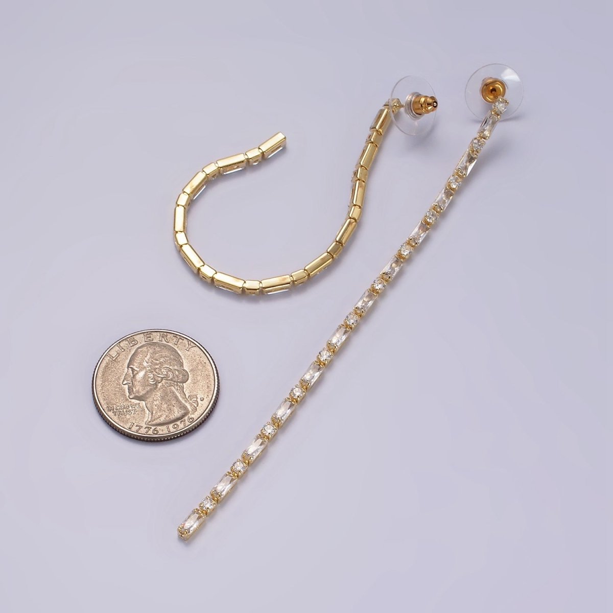 115mm Clear CZ Round Baguette Linear Drop Stud Earrings in Gold & Silver | AE283 AE284