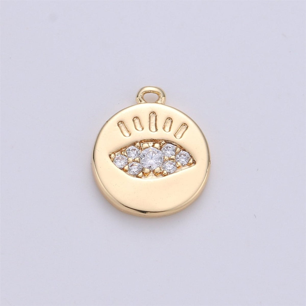 11x9mm CZ Micro Pave Charm Tiny Evil Eye Charm, 18k Gold plated Evil Eye Charm Coin disc Charm for Bracelet Necklace Earring, K-142 - DLUXCA