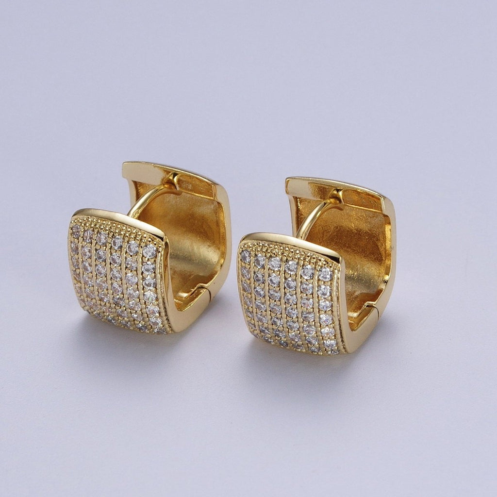 13mm Clear Micro Pave CZ Wide Boxy Huggie Hoop Earrings in Gold & Silver | V-035