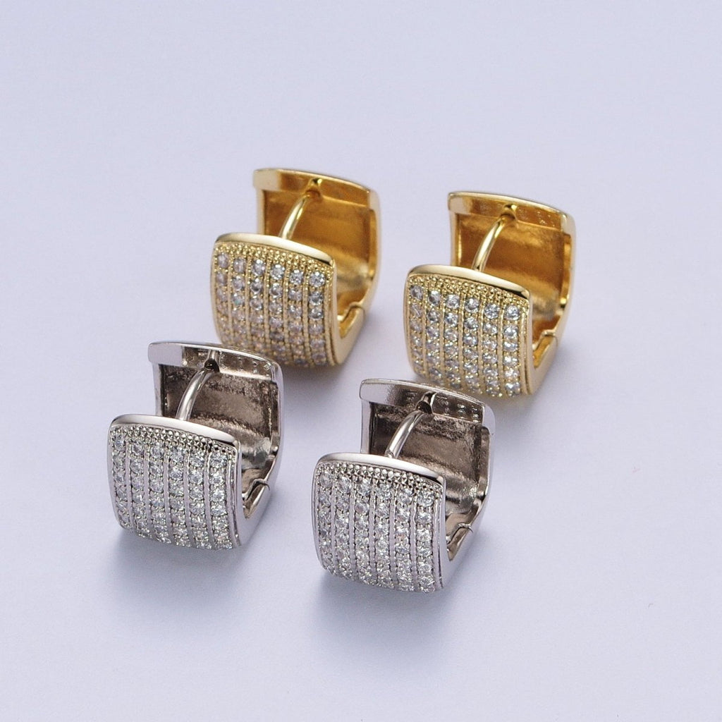 13mm Clear Micro Pave CZ Wide Boxy Huggie Hoop Earrings in Gold & Silver | V-035