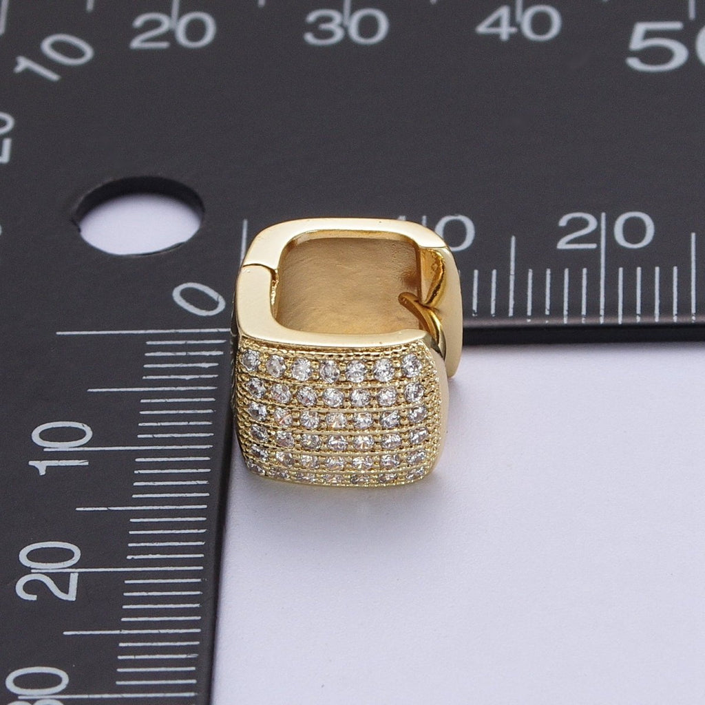 13mm Clear Micro Pave CZ Wide Boxy Huggie Hoop Earrings in Gold & Silver | V-035