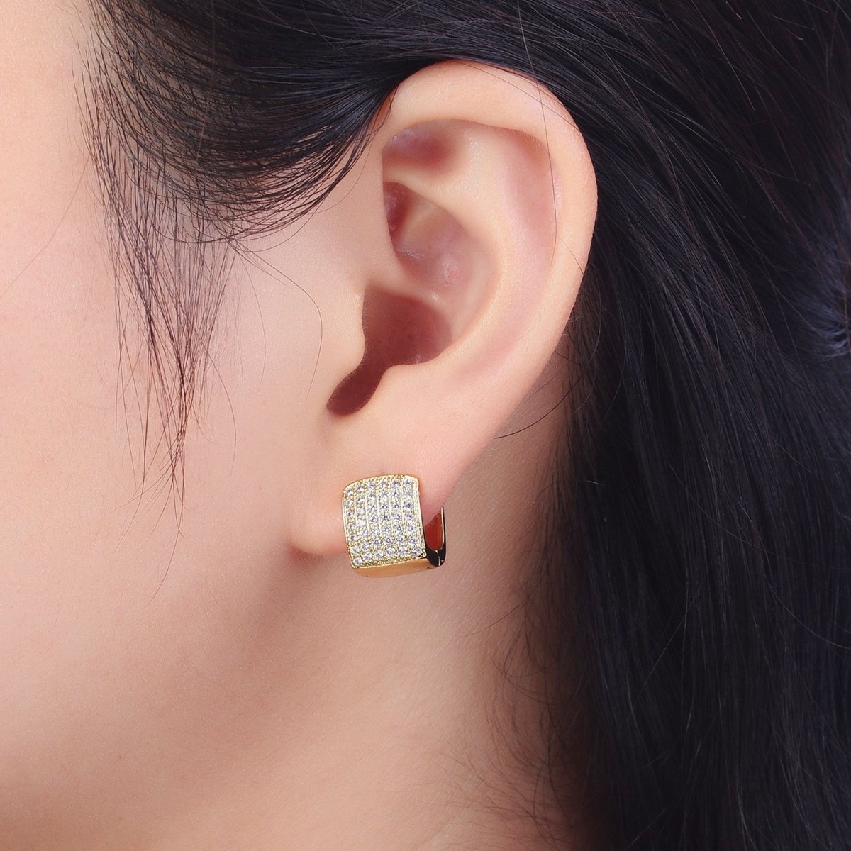13mm Clear Micro Pave CZ Wide Boxy Huggie Hoop Earrings in Gold & Silver | V-035