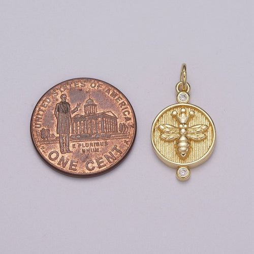 14k Dainty Gold plated Embossment Bee On Round Coin Charms, Dainty Charms, Gold Bee Pendant, Round Necklace Charms, M-900-M-901 - DLUXCA