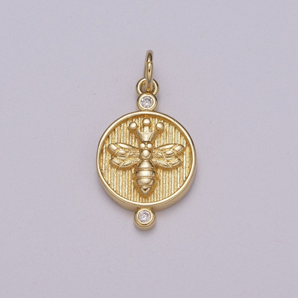 14k Dainty Gold plated Embossment Bee On Round Coin Charms, Dainty Charms, Gold Bee Pendant, Round Necklace Charms, M-900-M-901 - DLUXCA