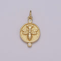 14k Dainty Gold plated Embossment Bee On Round Coin Charms, Dainty Charms, Gold Bee Pendant, Round Necklace Charms, M-900-M-901 - DLUXCA