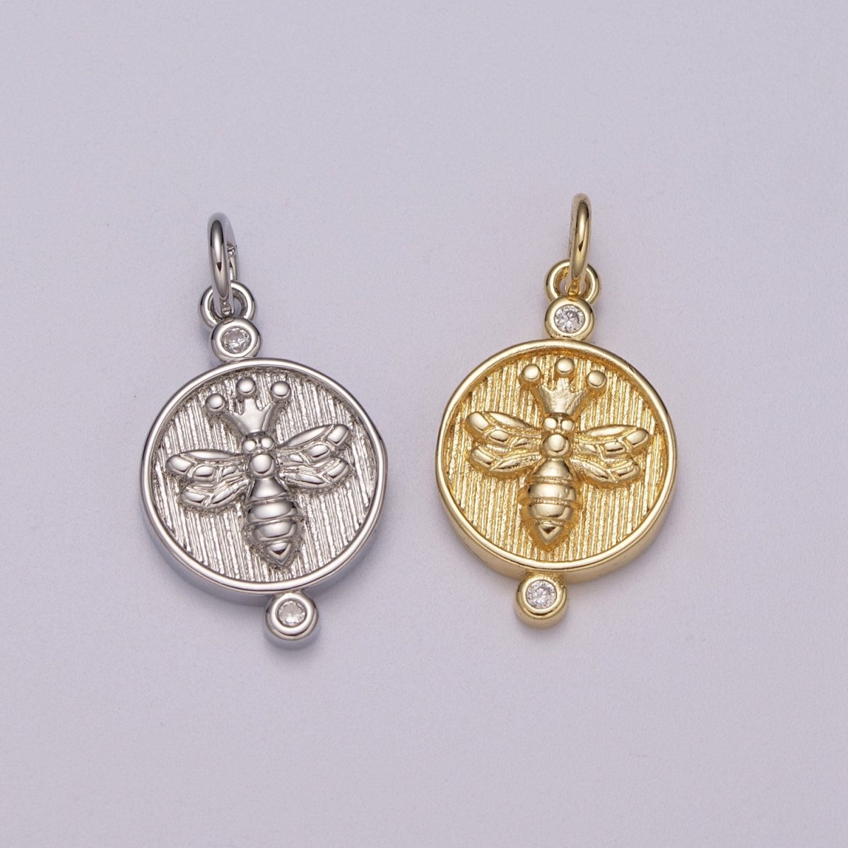 14k Dainty Gold plated Embossment Bee On Round Coin Charms, Dainty Charms, Gold Bee Pendant, Round Necklace Charms, M-900-M-901 - DLUXCA
