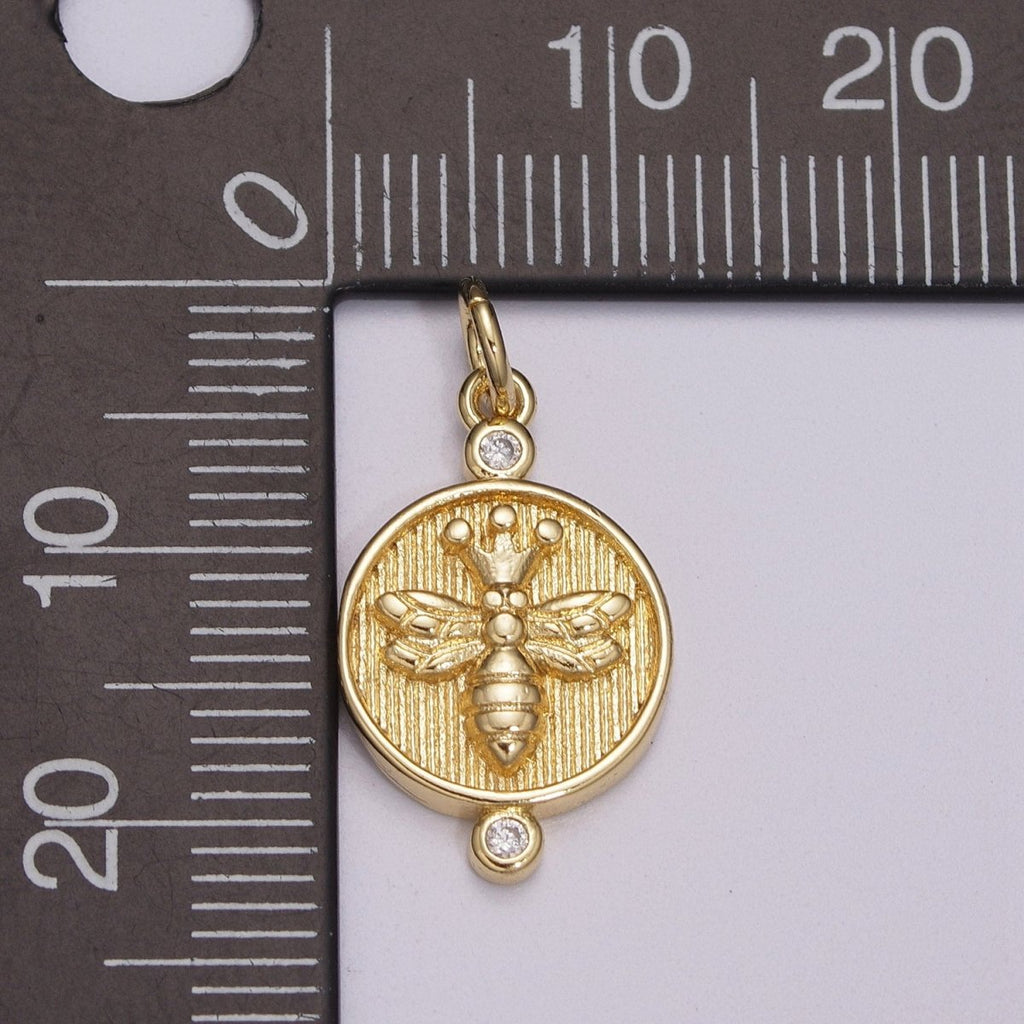 14k Dainty Gold plated Embossment Bee On Round Coin Charms, Dainty Charms, Gold Bee Pendant, Round Necklace Charms, M-900-M-901 - DLUXCA