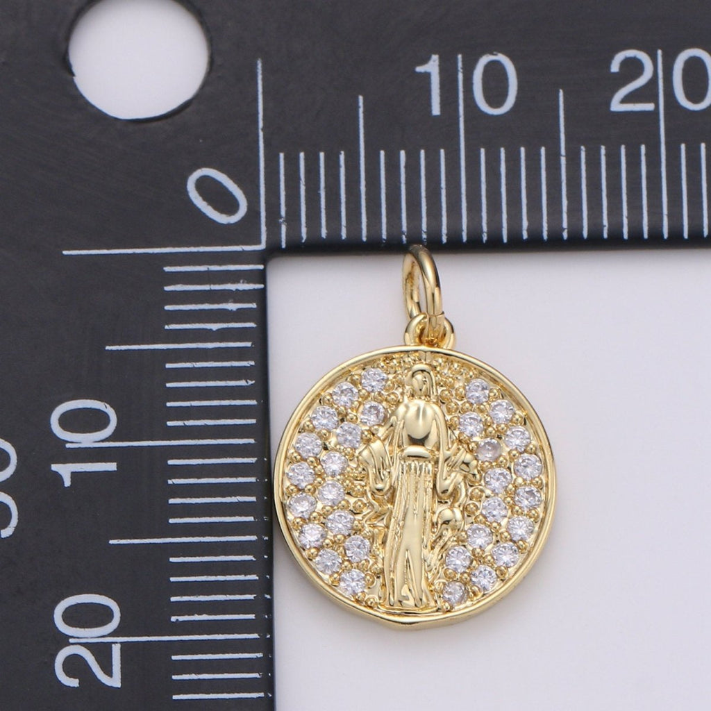 14k GF Virgin Mary Gold Coin Necklace, Religious Coin Pendant Necklace, Micro Pave Cubic Catholic Gold Coin Jewelry for Necklace Bracelet D-128 - DLUXCA
