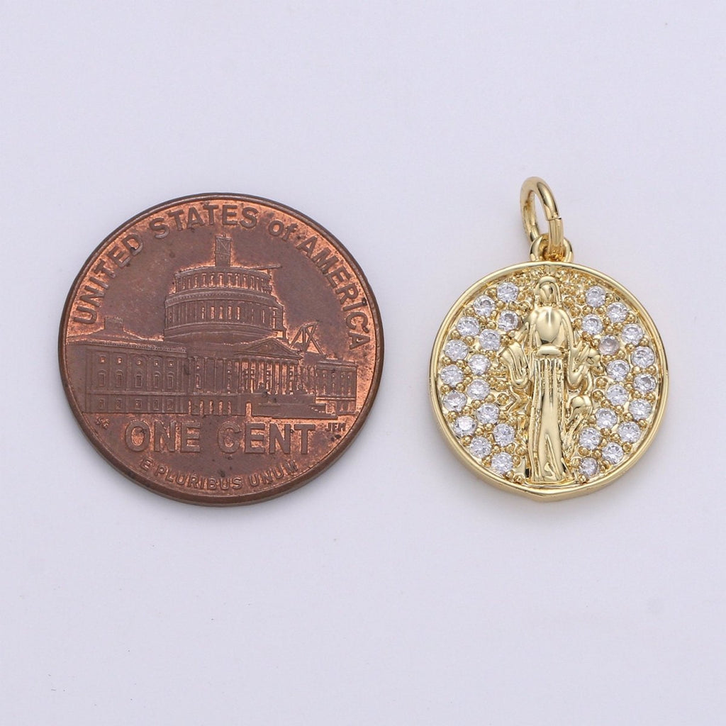 14k GF Virgin Mary Gold Coin Necklace, Religious Coin Pendant Necklace, Micro Pave Cubic Catholic Gold Coin Jewelry for Necklace Bracelet D-128 - DLUXCA