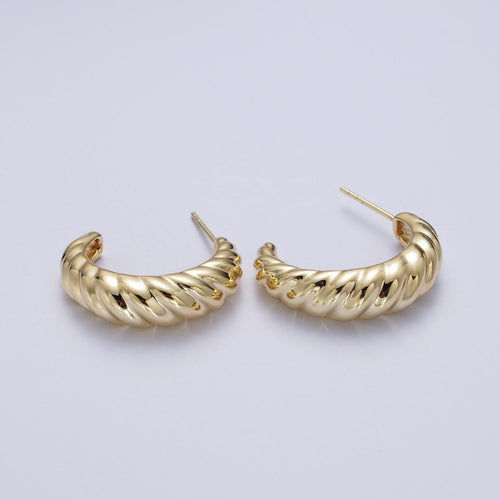 14K Gold Chunky Twisted Croissant C Shaped Hoop Studs Earrings | Y-046 - DLUXCA