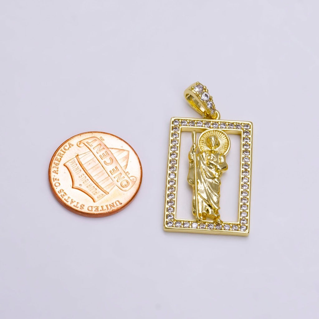 14K Gold Filed Religious Saint Jude Rectangular Clear Micro Paved CZ Bail Pendant | AA502 - DLUXCA