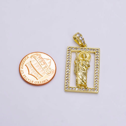 14K Gold Filed Religious Saint Jude Rectangular Clear Micro Paved CZ Bail Pendant | AA502 - DLUXCA