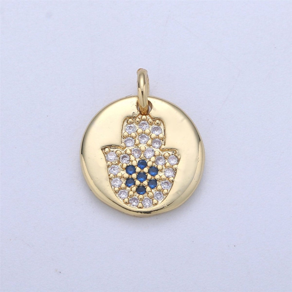 14k Gold fill Hamsa Hand, Evil Eye Coin Charm Diamond CZ 11mm Blue CZ Drop Charm Cubic Protector Pendant Tiny Lucky Dainty Necklace Bracelet C-837 C-838