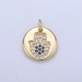 14k Gold fill Hamsa Hand, Evil Eye Coin Charm Diamond CZ 11mm Blue CZ Drop Charm Cubic Protector Pendant Tiny Lucky Dainty Necklace Bracelet C-837 C-838