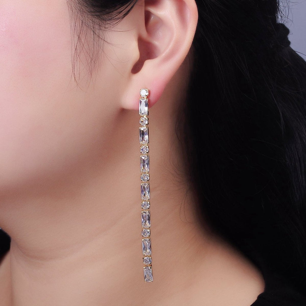 14K Gold plated 100mm Baguette Round CZ Drop Stud Earrings in Gold & Silver | AE501 AE502