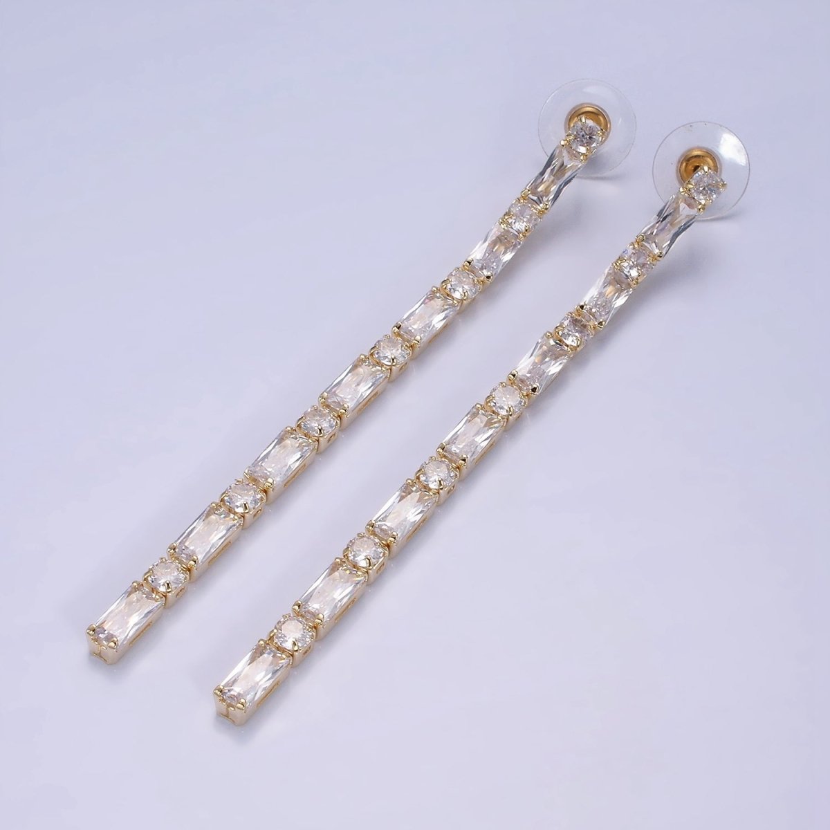 14K Gold plated 100mm Baguette Round CZ Drop Stud Earrings in Gold & Silver | AE501 AE502