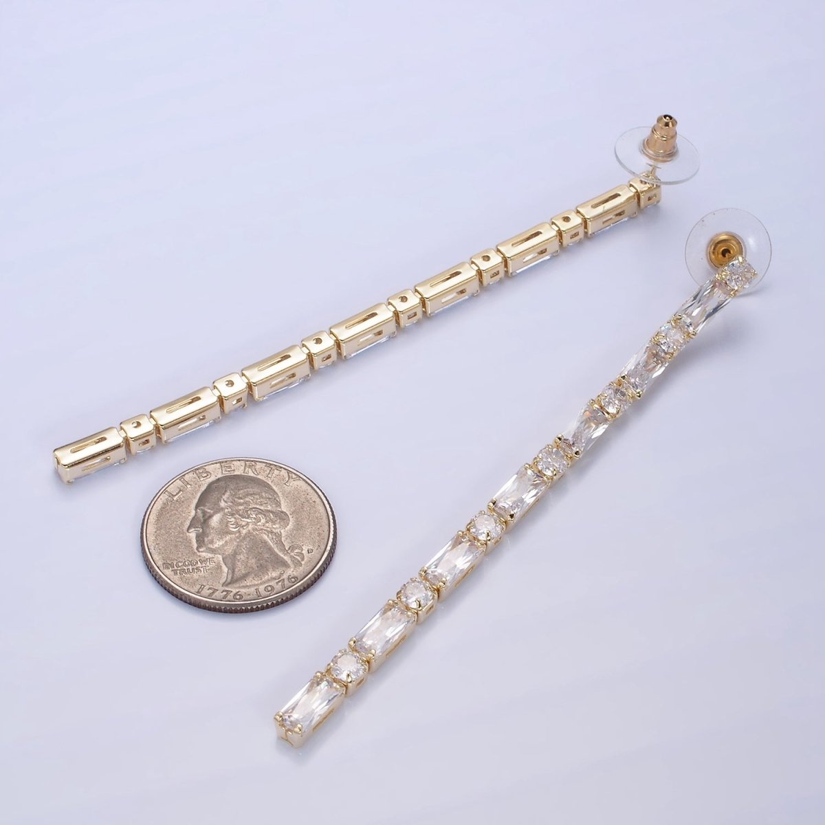 14K Gold plated 100mm Baguette Round CZ Drop Stud Earrings in Gold & Silver | AE501 AE502