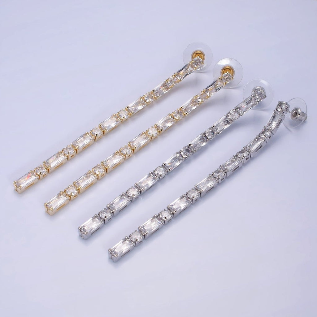 14K Gold plated 100mm Baguette Round CZ Drop Stud Earrings in Gold & Silver | AE501 AE502