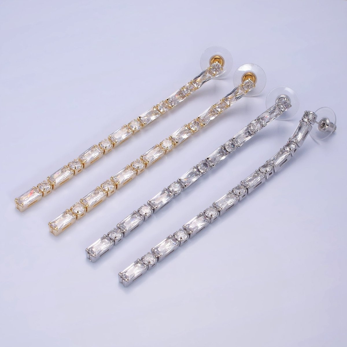 14K Gold plated 100mm Baguette Round CZ Drop Stud Earrings in Gold & Silver | AE501 AE502