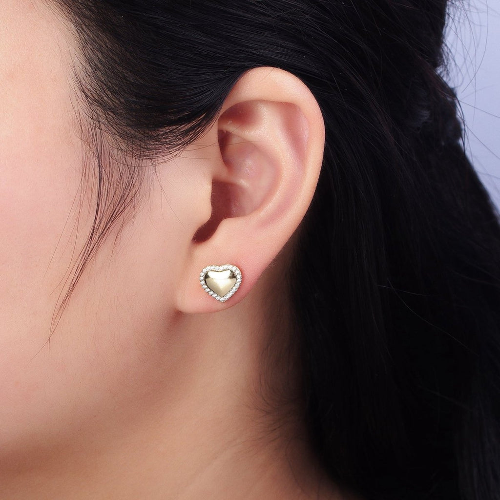 14K Gold plated 10.5mm Golden Heart Micro Paved CZ Stud Earrings | AD1446 - DLUXCA
