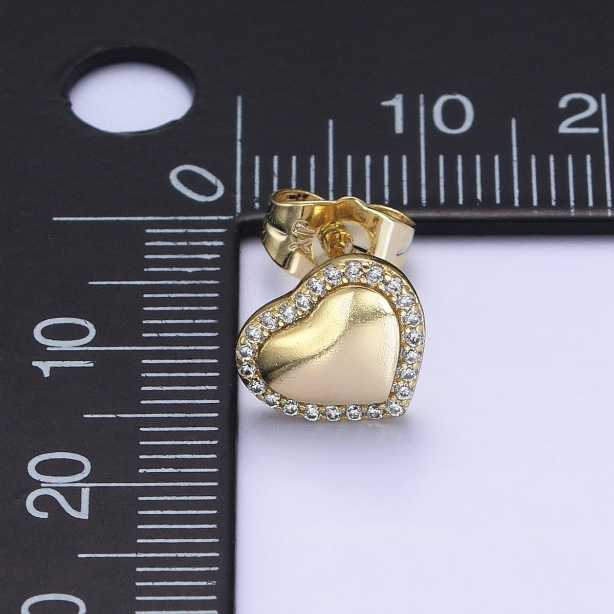 14K Gold plated 10.5mm Golden Heart Micro Paved CZ Stud Earrings | AD1446 - DLUXCA