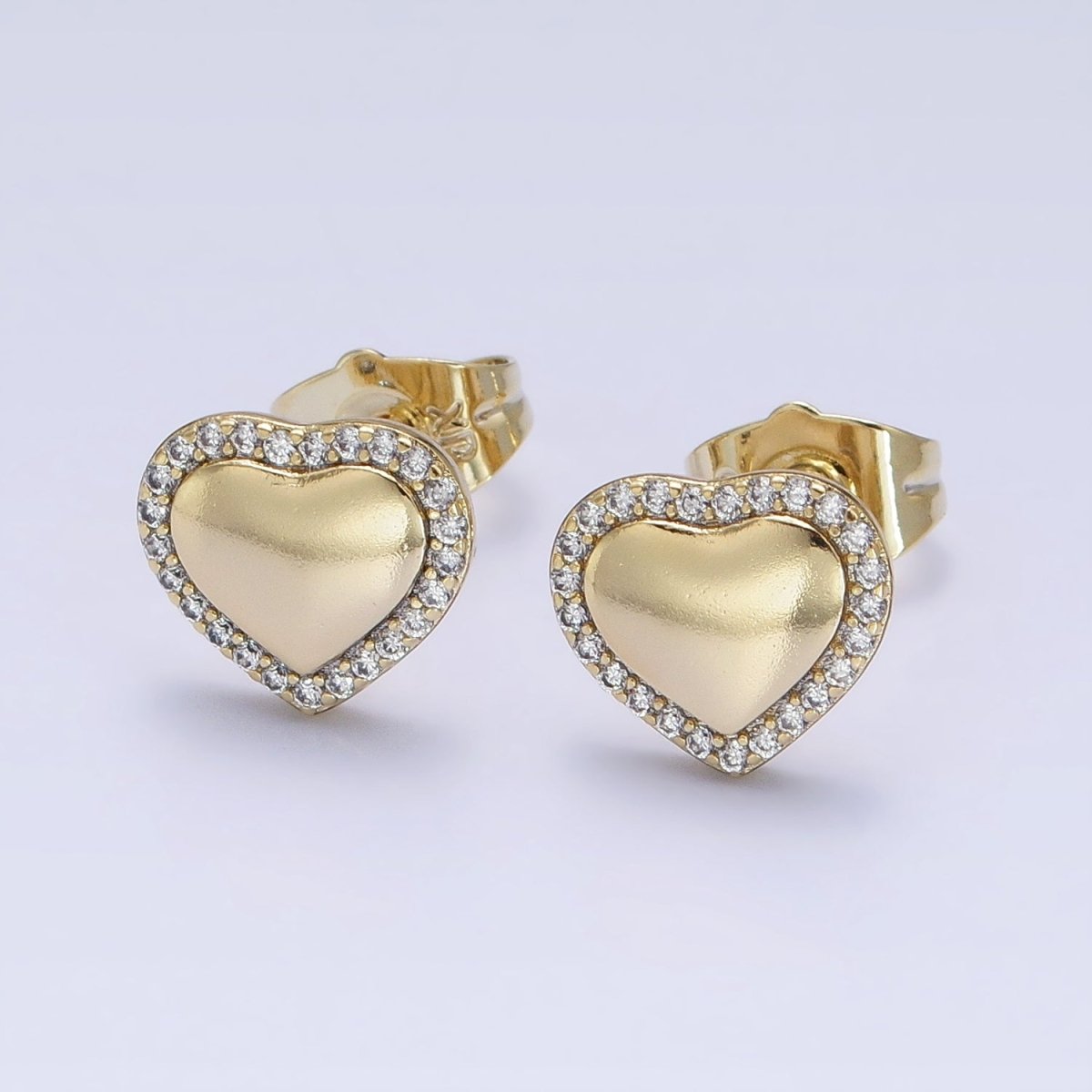 14K Gold plated 10.5mm Golden Heart Micro Paved CZ Stud Earrings | AD1446 - DLUXCA