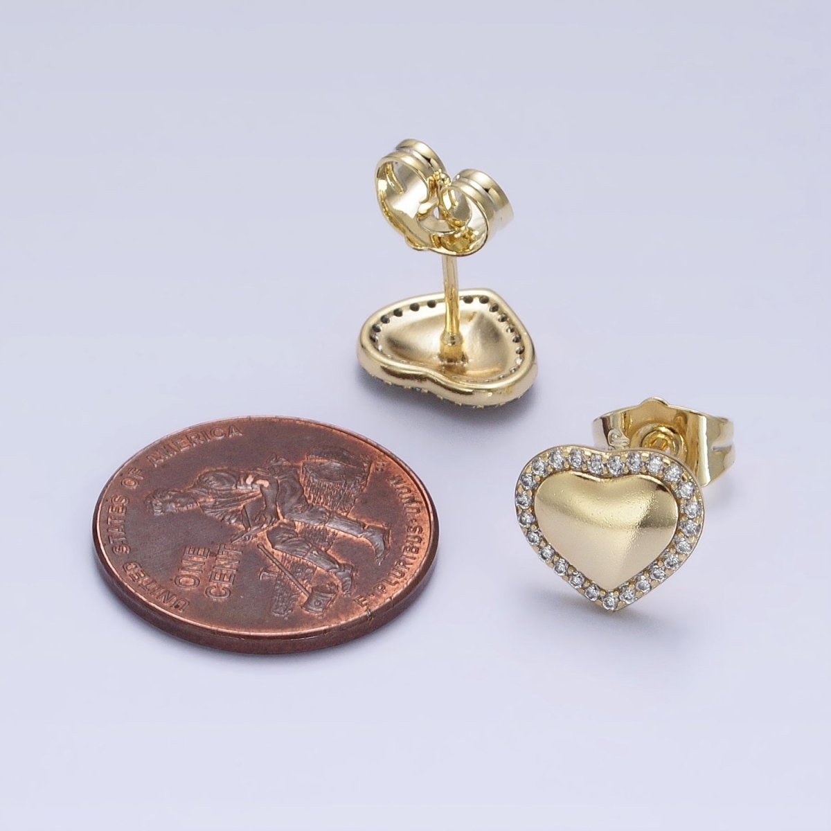 14K Gold plated 10.5mm Golden Heart Micro Paved CZ Stud Earrings | AD1446 - DLUXCA