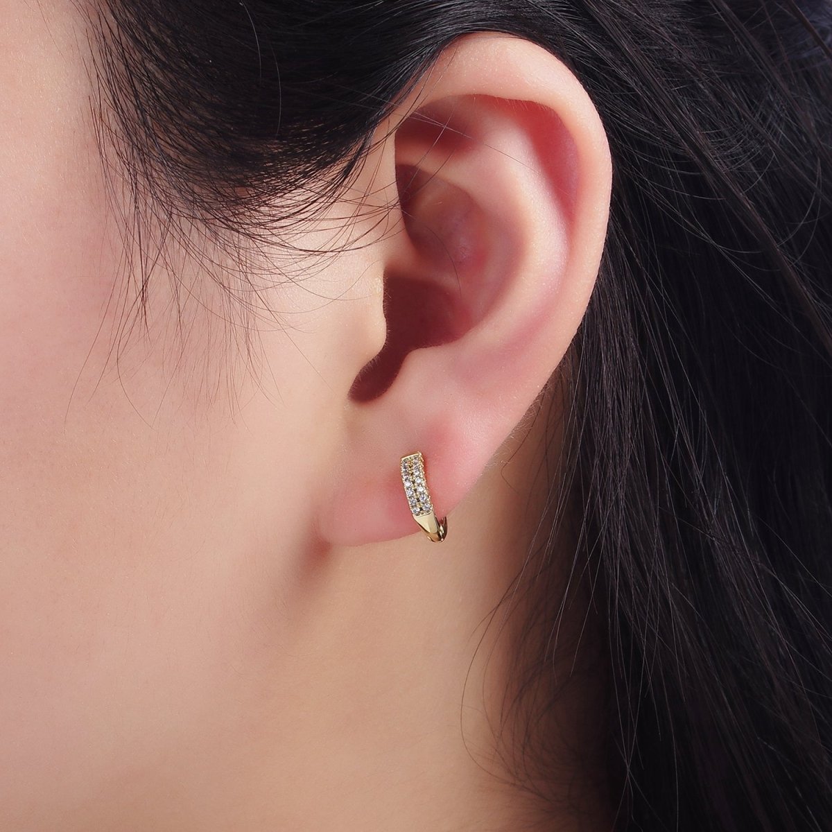 14K Gold plated 10mm Double Micro Paved CZ Cartilage Huggie Earrings | Q084 - DLUXCA