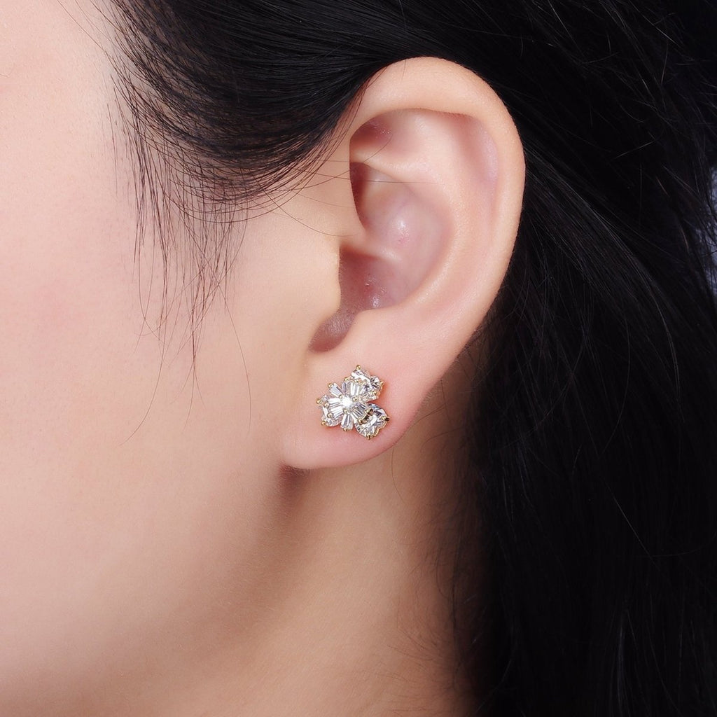 14K Gold plated 10mm Flower Nature Clear CZ Baguette Stud Earrings | V266 - DLUXCA