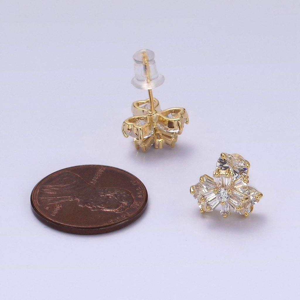 14K Gold plated 10mm Flower Nature Clear CZ Baguette Stud Earrings | V266 - DLUXCA