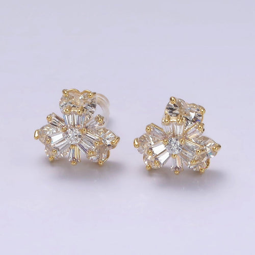 14K Gold plated 10mm Flower Nature Clear CZ Baguette Stud Earrings | V266 - DLUXCA
