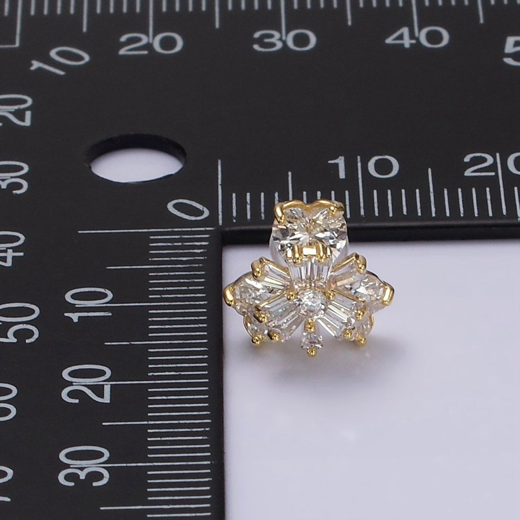 14K Gold plated 10mm Flower Nature Clear CZ Baguette Stud Earrings | V266 - DLUXCA