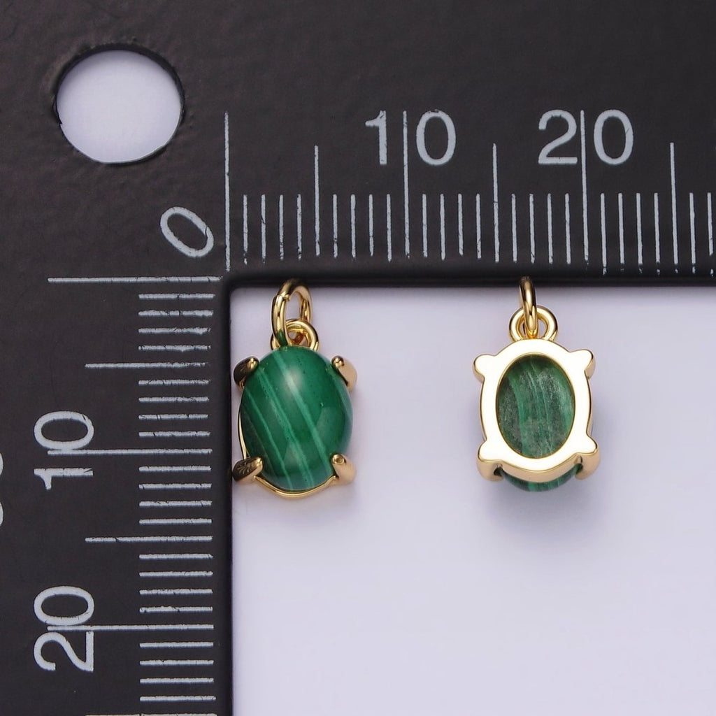 14K Gold plated 10mm Green Malachite Oval Bezel Minimalist Charm | AG447 - DLUXCA