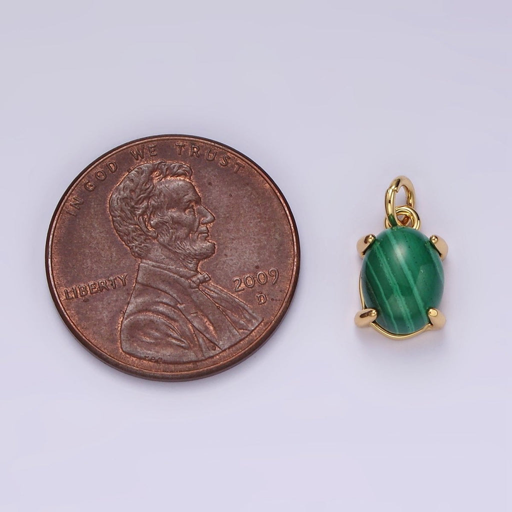 14K Gold plated 10mm Green Malachite Oval Bezel Minimalist Charm | AG447 - DLUXCA