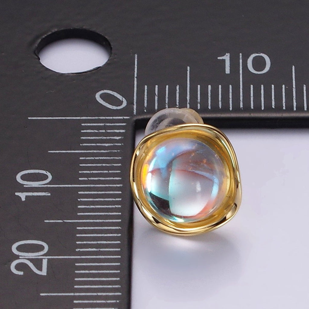 14K Gold plated 10mm Iridescent CZ Rounded Square Bezel Stud Earrings | V314 - DLUXCA