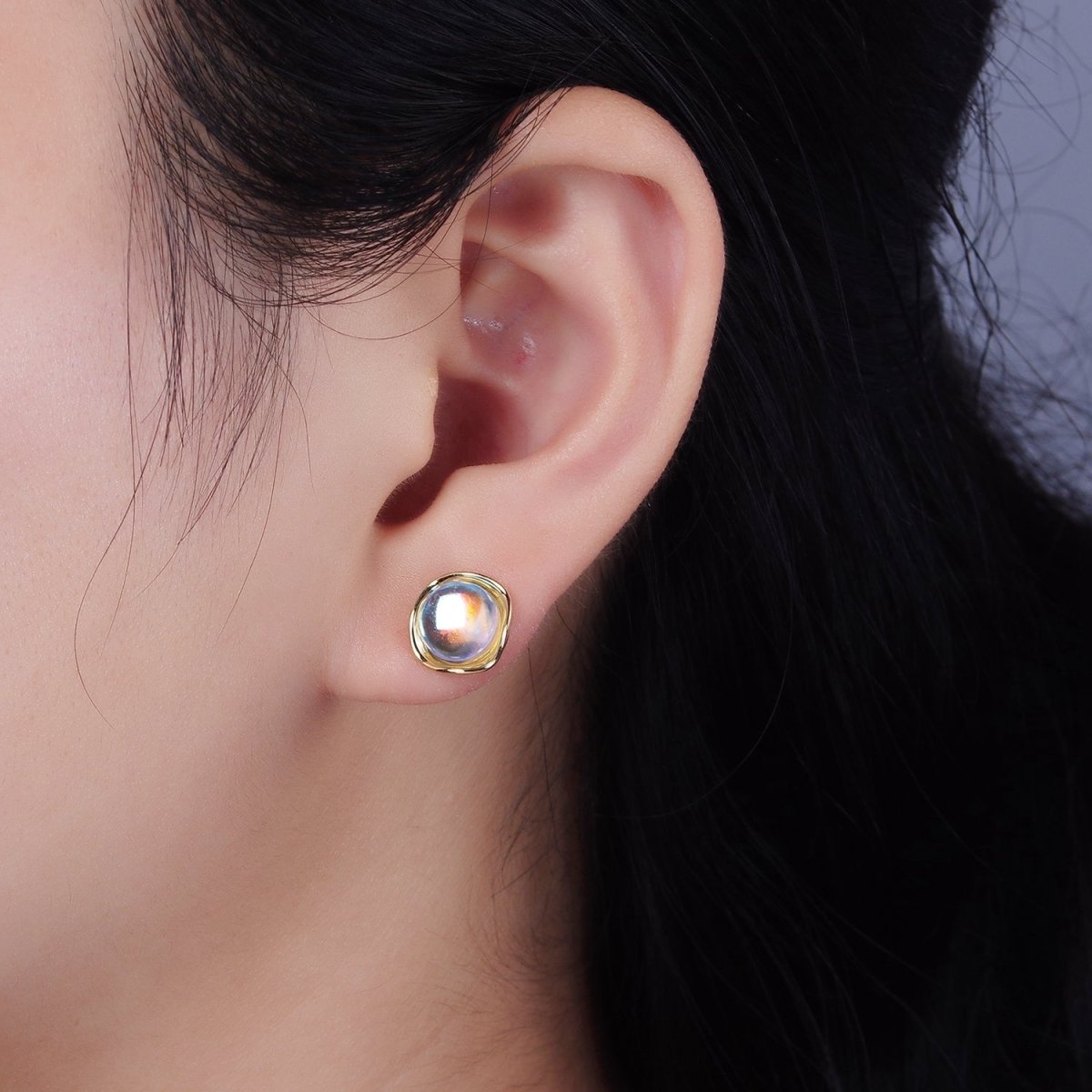 14K Gold plated 10mm Iridescent CZ Rounded Square Bezel Stud Earrings | V314 - DLUXCA