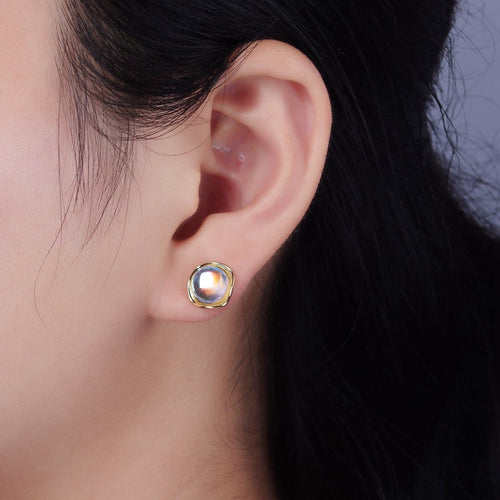 14K Gold plated 10mm Iridescent CZ Rounded Square Bezel Stud Earrings | V314 - DLUXCA