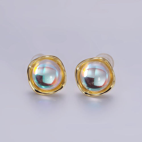 14K Gold plated 10mm Iridescent CZ Rounded Square Bezel Stud Earrings | V314 - DLUXCA