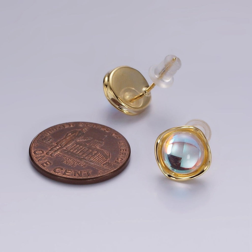 14K Gold plated 10mm Iridescent CZ Rounded Square Bezel Stud Earrings | V314 - DLUXCA