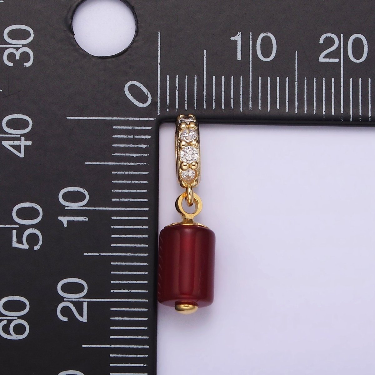 14K Gold plated 10mm Red Carnelian Gemstone Tube Clear Micro Paved CZ Bail Pendant | N1865 - DLUXCA