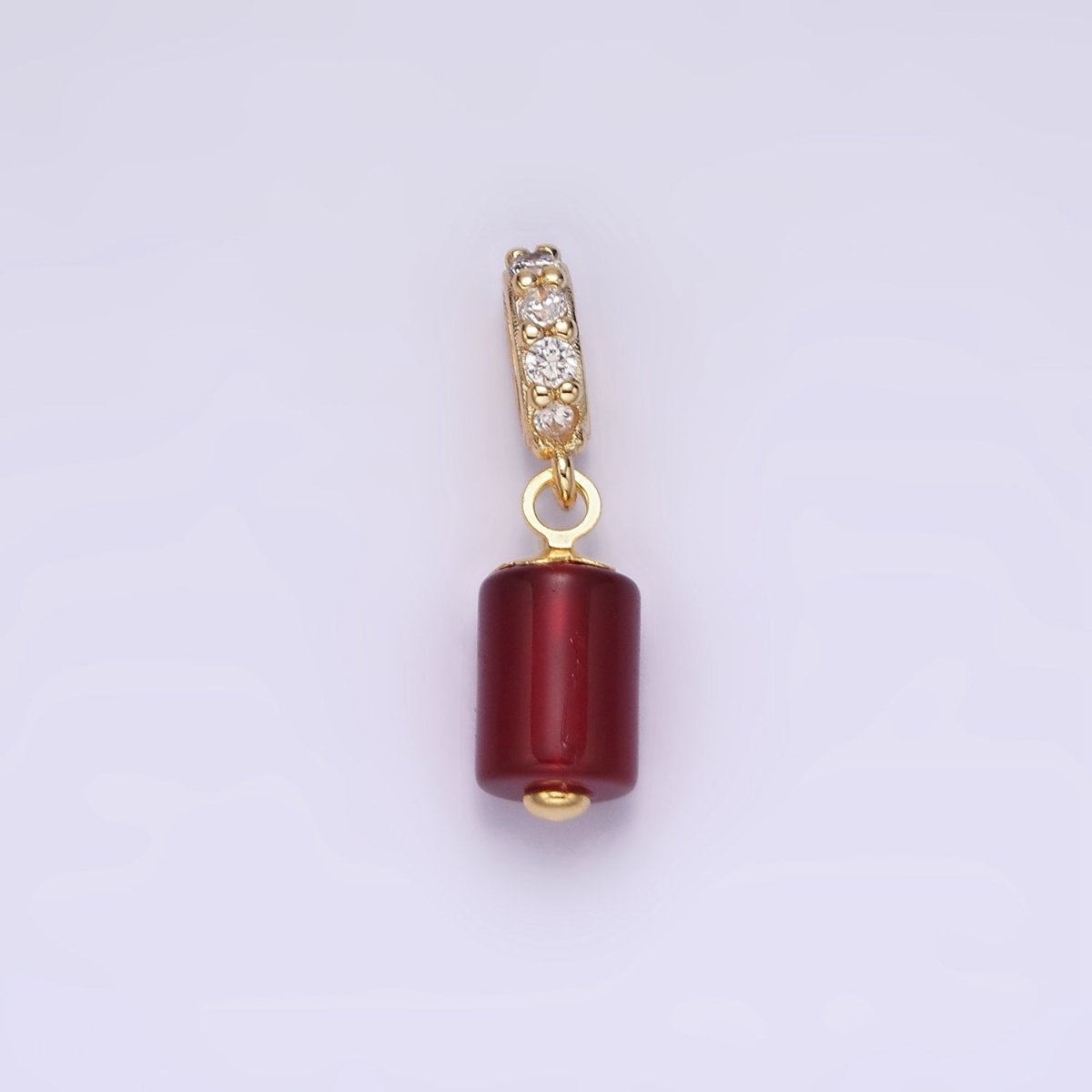 14K Gold plated 10mm Red Carnelian Gemstone Tube Clear Micro Paved CZ Bail Pendant | N1865 - DLUXCA