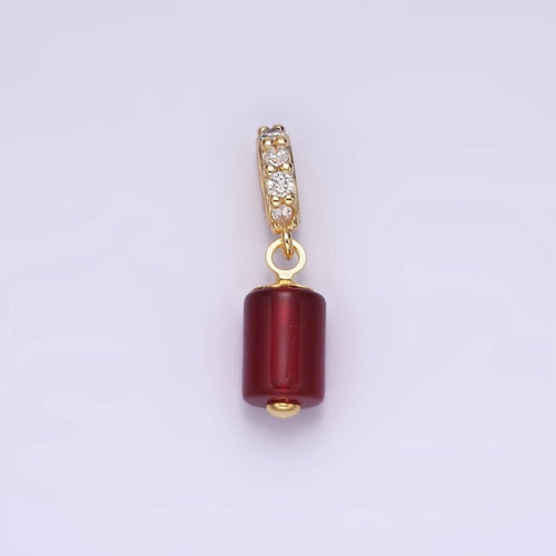 14K Gold plated 10mm Red Carnelian Gemstone Tube Clear Micro Paved CZ Bail Pendant | N1865 - DLUXCA
