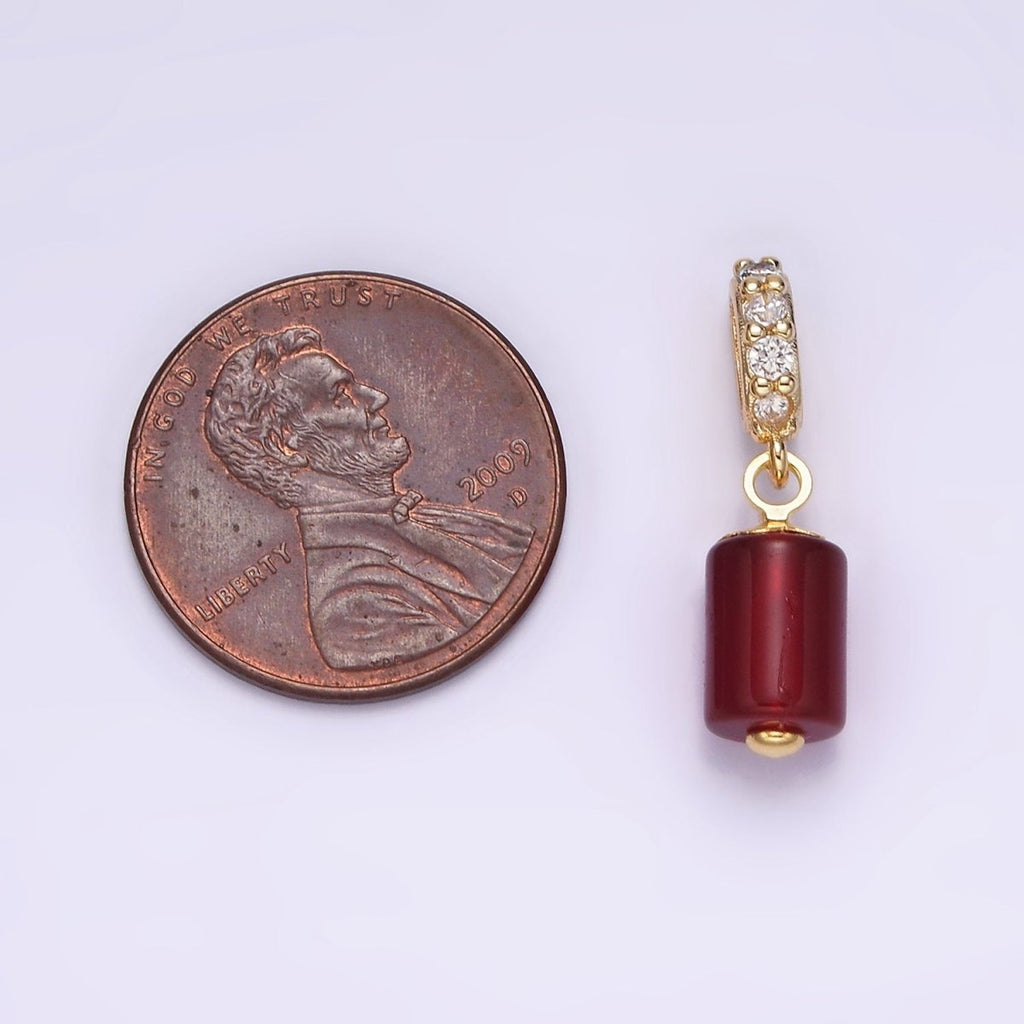 14K Gold plated 10mm Red Carnelian Gemstone Tube Clear Micro Paved CZ Bail Pendant | N1865 - DLUXCA