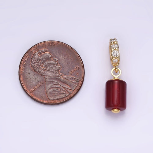14K Gold plated 10mm Red Carnelian Gemstone Tube Clear Micro Paved CZ Bail Pendant | N1865 - DLUXCA